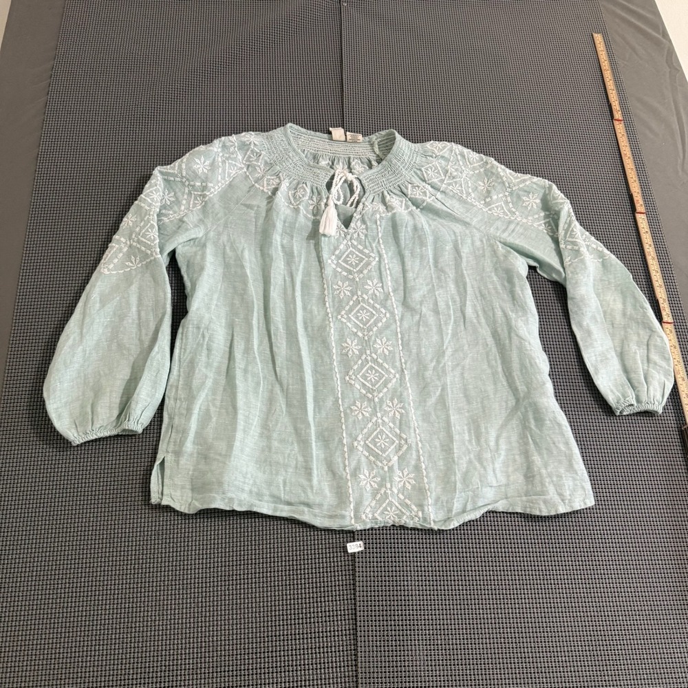 Joie Womens Light Blue Embroidered Smocked Neck Tassel Tie Blouse Size S